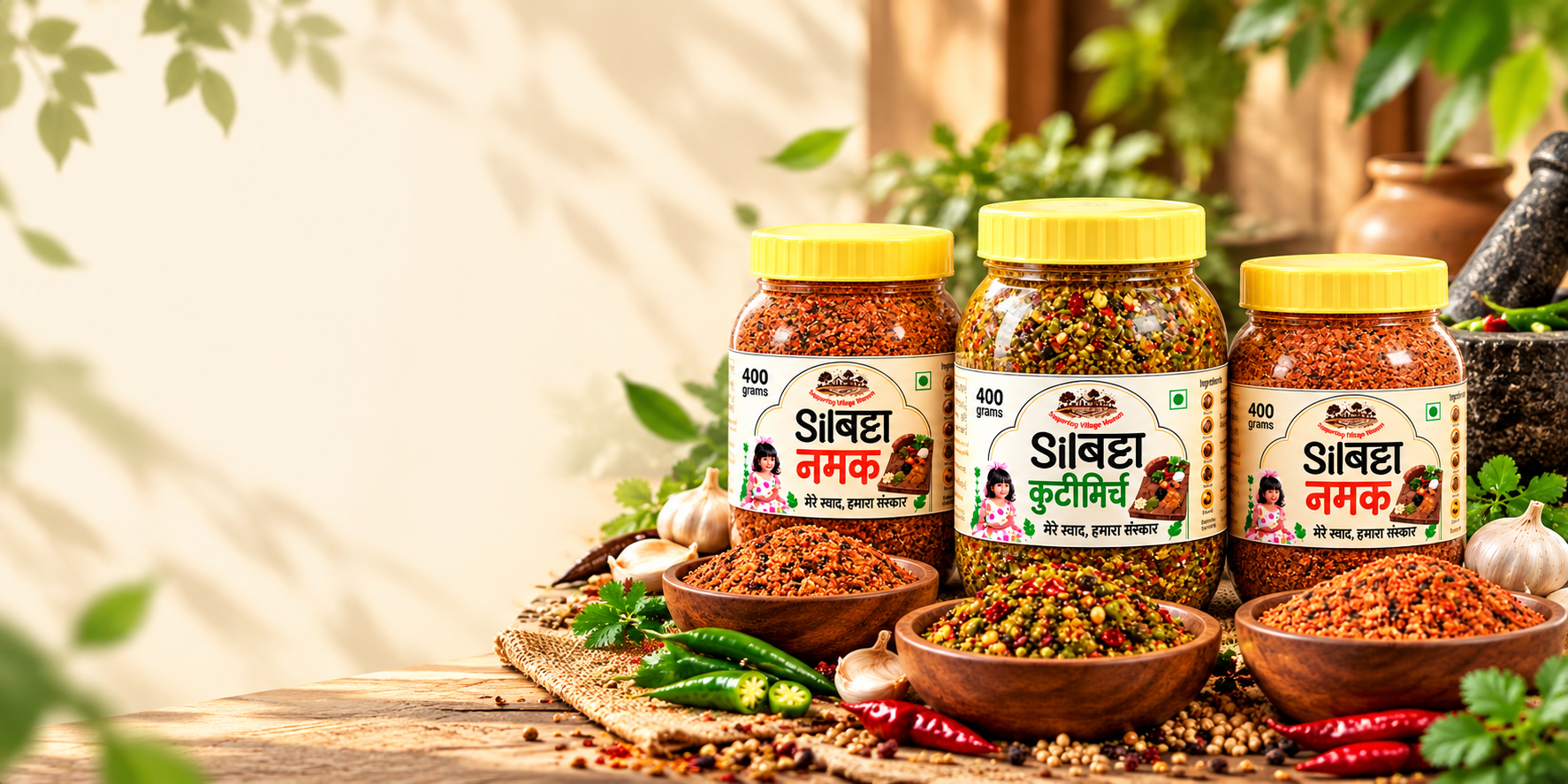 SilBatta Namak and Kuti Mirch jars with wooden bowls, chillies, garlic and whole spices on a rustic table