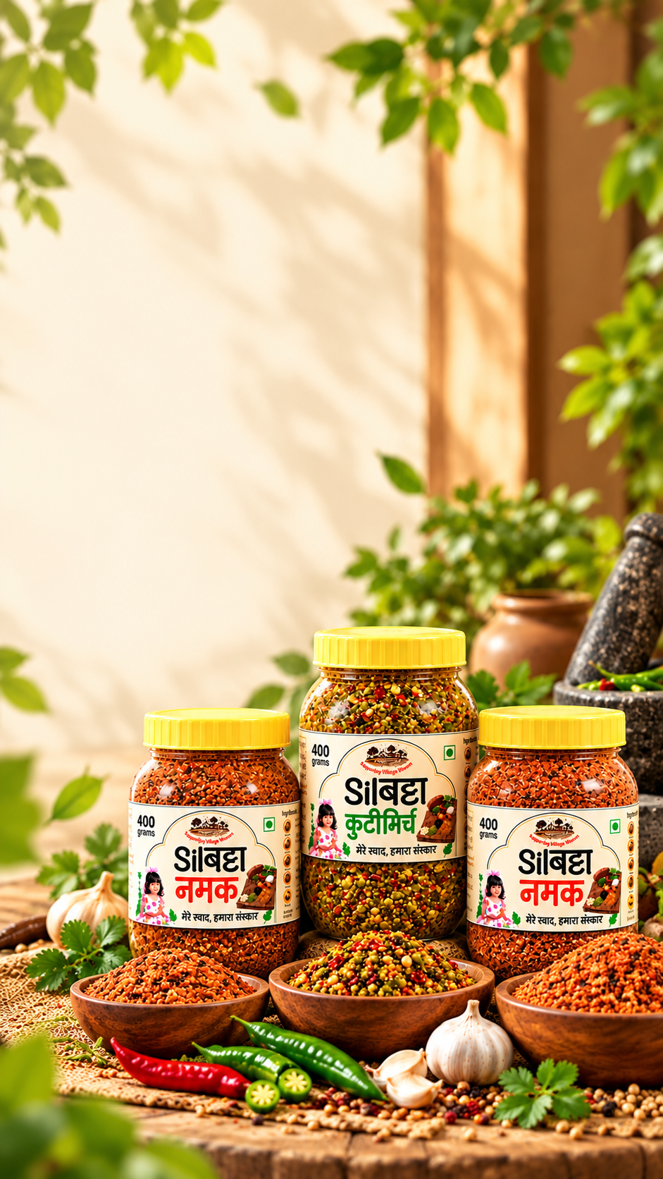 SilBatta Namak and Kuti Mirch jars with wooden bowls, chillies and whole spices
