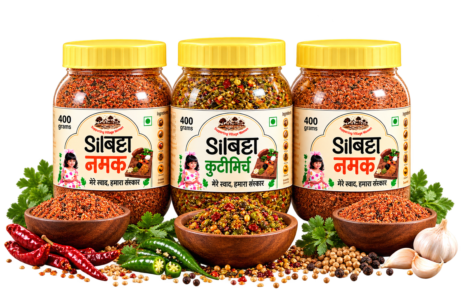 SilBatta Namak and Kuti Mirch jars with serving bowls, chillies, coriander, garlic and whole spices